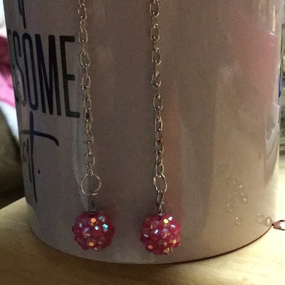 Pink bumpy beads, mirror ball earrings on silver metal chain and ear wire ES1 - Picture 1 of 4